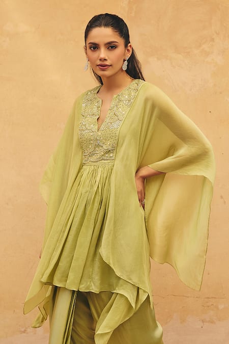 Shop Maenaam Green Organza, Satin Sequins, Beads, Embroidery Naira Hand Kaftan Top Pant Set Online at Aza Fashions Shop_Maenaam_Green Organza, Satin Sequins, Beads, Embroidery Naira Hand Kaftan Top Pant Set _Online_at_Aza_Fashions
