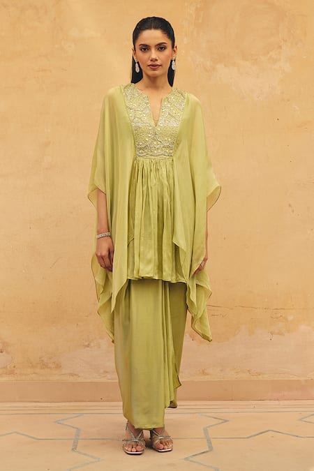 Maenaam Green Organza, Satin Sequins, Beads, Embroidery Naira Hand Kaftan Top Pant Set at Aza Fashions Maenaam_Green Organza, Satin Sequins, Beads, Embroidery Naira Hand Kaftan Top Pant Set _at_Aza_Fashions