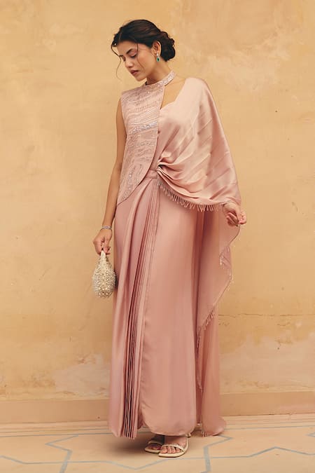 Maenaam Pink Polyester, Satin Sequins, Embroidery Irvine Jacket And Pre-draped Saree Set Online at Aza Fashions Maenaam_Pink Polyester, Satin Sequins, Embroidery Irvine Jacket And Pre-draped Saree Set _Online_at_Aza_Fashions