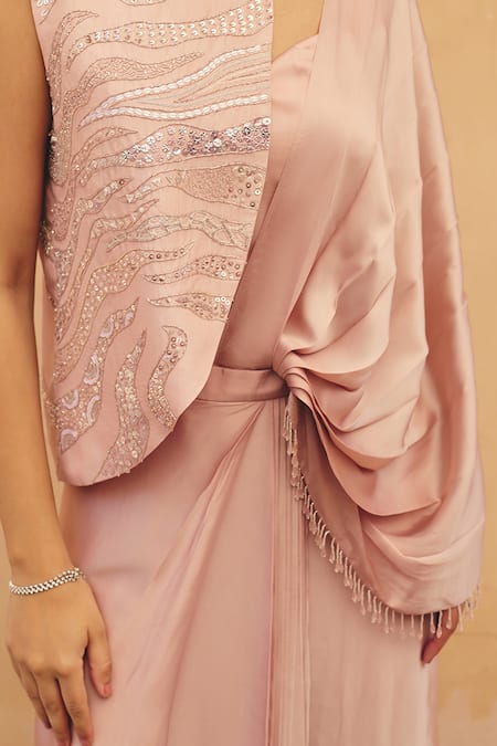Shop Maenaam Pink Polyester, Satin Sequins, Embroidery Irvine Jacket And Pre-draped Saree Set Online at Aza Fashions Shop_Maenaam_Pink Polyester, Satin Sequins, Embroidery Irvine Jacket And Pre-draped Saree Set _Online_at_Aza_Fashions