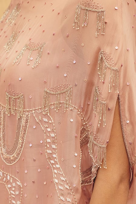 Maenaam Pink Satin, Polyester, Organza Sequins, Beads, Maya Kaftan Top Skirt Set at Aza Fashions Maenaam_Pink Satin, Polyester, Organza Sequins, Beads, Maya Kaftan Top Skirt Set _at_Aza_Fashions