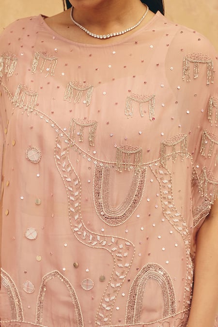 Buy Maenaam Pink Satin, Polyester, Organza Sequins, Beads, Maya Kaftan Top Skirt Set Buy_Maenaam_Pink Satin, Polyester, Organza Sequins, Beads, Maya Kaftan Top Skirt Set