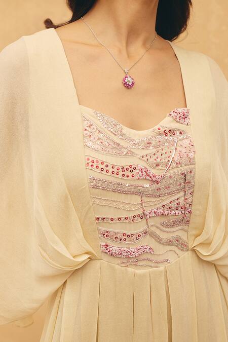Maenaam Beige Crepe Sequins, Beads Square Neck Eisen Hand Embroidered Pleated Jumpsuit Online at Aza Fashions Maenaam_Beige Crepe Sequins, Beads Square Neck Eisen Hand Embroidered Pleated Jumpsuit _Online_at_Aza_Fashions