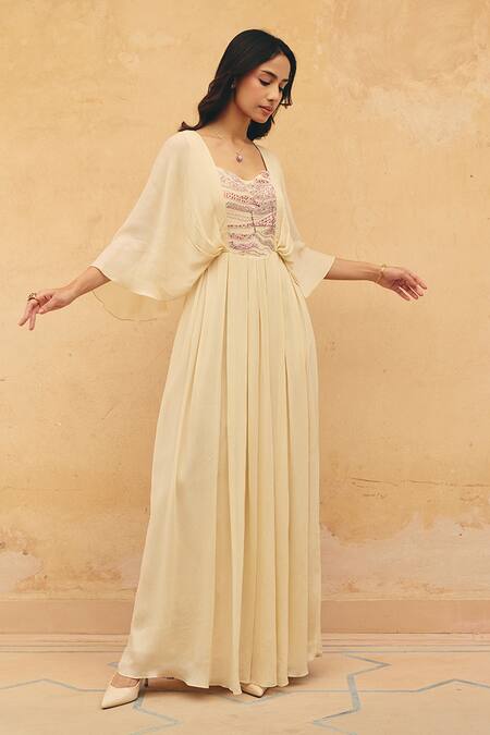 Buy Maenaam Beige Crepe Sequins, Beads Square Neck Eisen Hand Embroidered Pleated Jumpsuit Online at Aza Fashions Buy_Maenaam_Beige Crepe Sequins, Beads Square Neck Eisen Hand Embroidered Pleated Jumpsuit _Online_at_Aza_Fashions