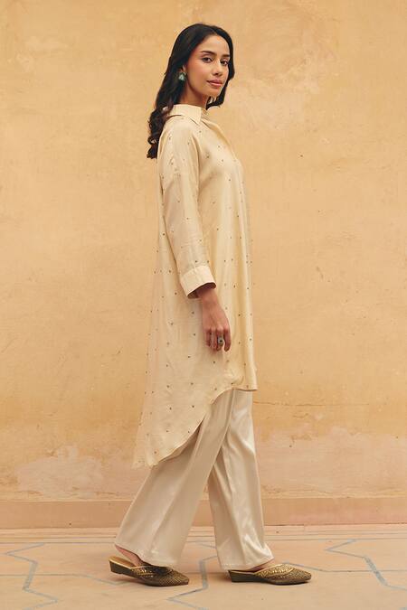 Shop Maenaam Beige Silk Beads Collared, Button-down Zoe Hand Embroidered Kurta And Pant Set Online at Aza Fashions Shop_Maenaam_Beige Silk Beads Collared, Button-down Zoe Hand Embroidered Kurta And Pant Set _Online_at_Aza_Fashions