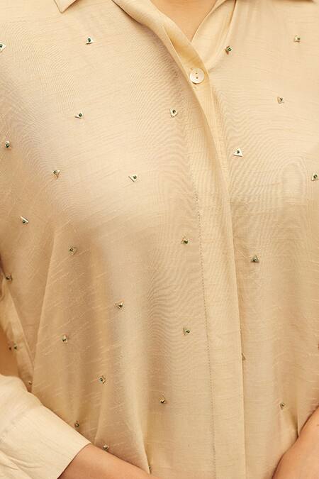 Maenaam Beige Silk Beads Collared, Button-down Zoe Hand Embroidered Kurta And Pant Set at Aza Fashions Maenaam_Beige Silk Beads Collared, Button-down Zoe Hand Embroidered Kurta And Pant Set _at_Aza_Fashions