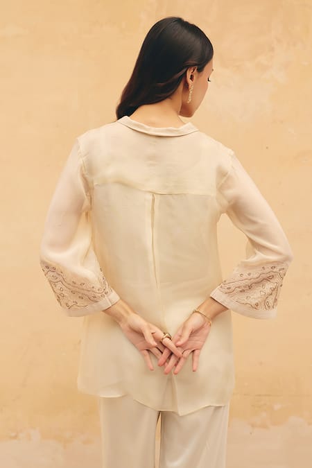 Shop Maenaam Beige Organza, Satin, Polyester Embroidery Navea Hand Tunic And Pant Set at Aza Fashions Shop_Maenaam_Beige Organza, Satin, Polyester Embroidery Navea Hand Tunic And Pant Set _at_Aza_Fashions