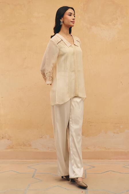 Buy Maenaam Beige Organza, Satin, Polyester Embroidery Navea Hand Tunic And Pant Set Online at Aza Fashions Buy_Maenaam_Beige Organza, Satin, Polyester Embroidery Navea Hand Tunic And Pant Set _Online_at_Aza_Fashions