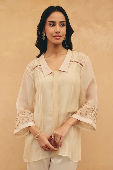 Shop Maenaam Beige Organza, Satin, Polyester Embroidery Navea Hand Tunic And Pant Set Online at Aza Fashions Shop_Maenaam_Beige Organza, Satin, Polyester Embroidery Navea Hand Tunic And Pant Set _Online_at_Aza_Fashions