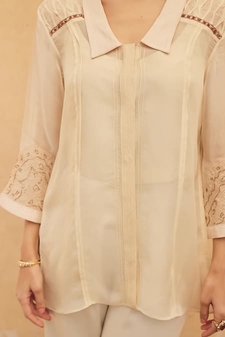 Maenaam Beige Organza, Satin, Polyester Embroidery Navea Hand Tunic And Pant Set at Aza Fashions Maenaam_Beige Organza, Satin, Polyester Embroidery Navea Hand Tunic And Pant Set _at_Aza_Fashions