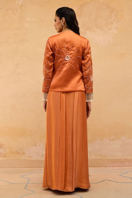 Shop Maenaam Orange Polyester, Satin, Silk Embroidery, Sequins, Ira Hand Jacket Skirt Set at Aza Fashions Shop_Maenaam_Orange Polyester, Satin, Silk Embroidery, Sequins, Ira Hand Jacket Skirt Set _at_Aza_Fashions