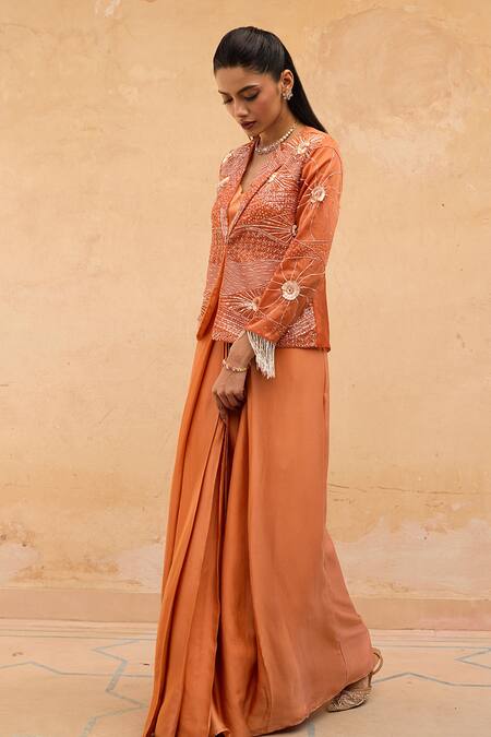 Maenaam Orange Polyester, Satin, Silk Embroidery, Sequins, Ira Hand Jacket Skirt Set Online at Aza Fashions Maenaam_Orange Polyester, Satin, Silk Embroidery, Sequins, Ira Hand Jacket Skirt Set _Online_at_Aza_Fashions