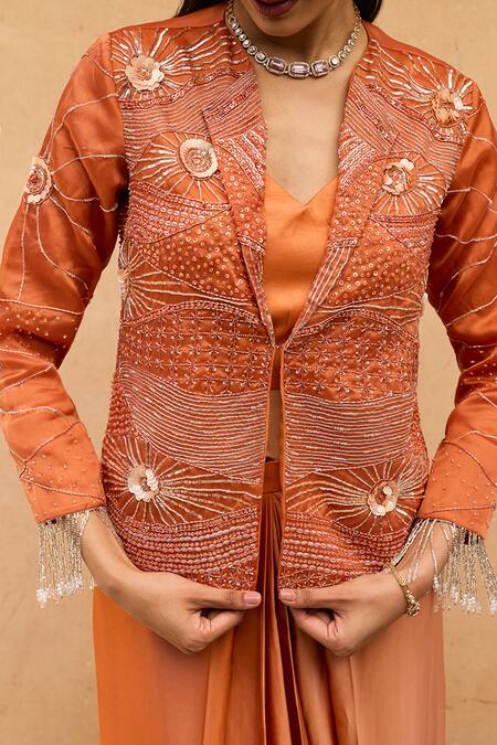 Buy Maenaam Orange Polyester, Satin, Silk Embroidery, Sequins, Ira Hand Jacket Skirt Set Online at Aza Fashions Buy_Maenaam_Orange Polyester, Satin, Silk Embroidery, Sequins, Ira Hand Jacket Skirt Set _Online_at_Aza_Fashions