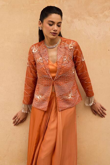Shop Maenaam Orange Polyester, Satin, Silk Embroidery, Sequins, Ira Hand Jacket Skirt Set Online at Aza Fashions Shop_Maenaam_Orange Polyester, Satin, Silk Embroidery, Sequins, Ira Hand Jacket Skirt Set _Online_at_Aza_Fashions