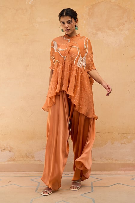 Buy Maenaam Orange Satin, Organza Embroidery, Sequins Zuri Abstract Hand Overlay Pant Set Online at Aza Fashions Buy_Maenaam_Orange Satin, Organza Embroidery, Sequins Zuri Abstract Hand Overlay Pant Set _Online_at_Aza_Fashions