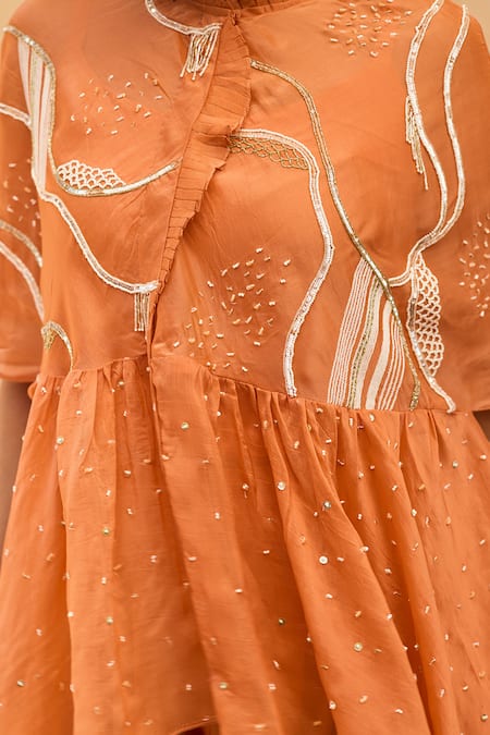 Maenaam Orange Satin, Organza Embroidery, Sequins Zuri Abstract Hand Overlay Pant Set at Aza Fashions Maenaam_Orange Satin, Organza Embroidery, Sequins Zuri Abstract Hand Overlay Pant Set _at_Aza_Fashions