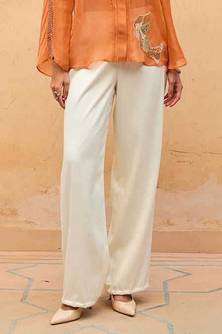Maenaam_Orange Polyester, Organza, Satin Embroidery, Sequins Sirae Hand Top And Pant Set _Online_at_Aza_Fashions