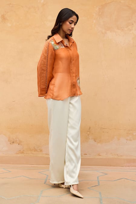 Shop_Maenaam_Orange Polyester, Organza, Satin Embroidery, Sequins Sirae Hand Top And Pant Set _Online_at_Aza_Fashions