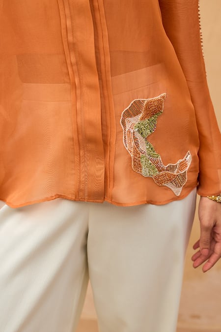 Maenaam_Orange Polyester, Organza, Satin Embroidery, Sequins Sirae Hand Top And Pant Set _at_Aza_Fashions