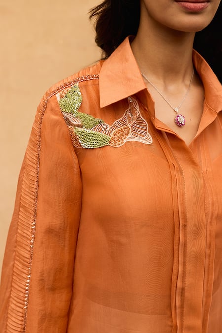 Buy_Maenaam_Orange Polyester, Organza, Satin Embroidery, Sequins Sirae Hand Top And Pant Set 