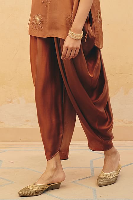 Buy_Maenaam_Brown Satin, Organza Embroidery, Sequins, Beads Varee Top And Draped Pant Set _Online_at_Aza_Fashions