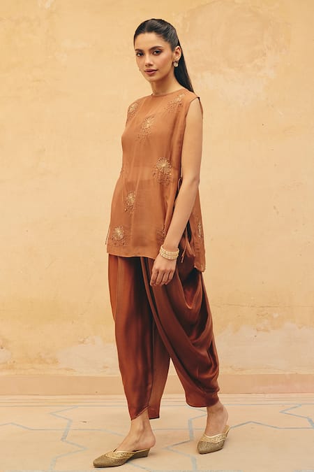 Shop_Maenaam_Brown Satin, Organza Embroidery, Sequins, Beads Varee Top And Draped Pant Set _Online_at_Aza_Fashions