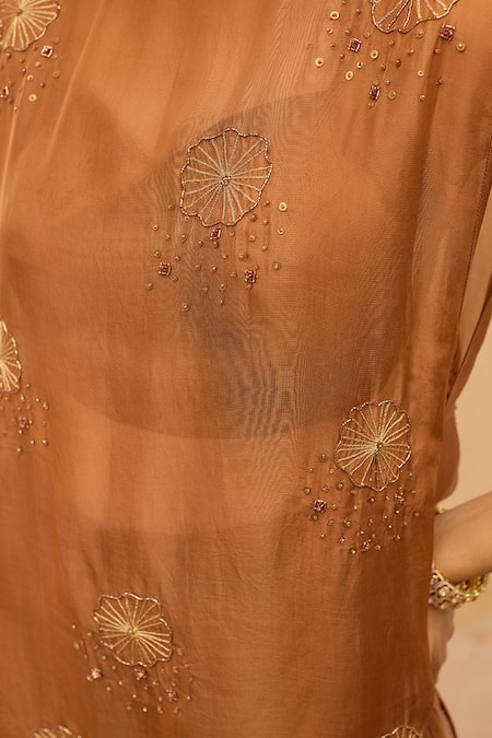 Maenaam_Brown Satin, Organza Embroidery, Sequins, Beads Varee Top And Draped Pant Set _at_Aza_Fashions