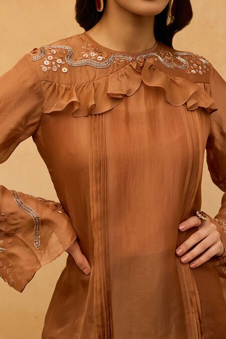 Maenaam_Brown Satin, Polyester, Organza Embroidery, Nira Hand Ruffle Top And Pant Set _at_Aza_Fashions