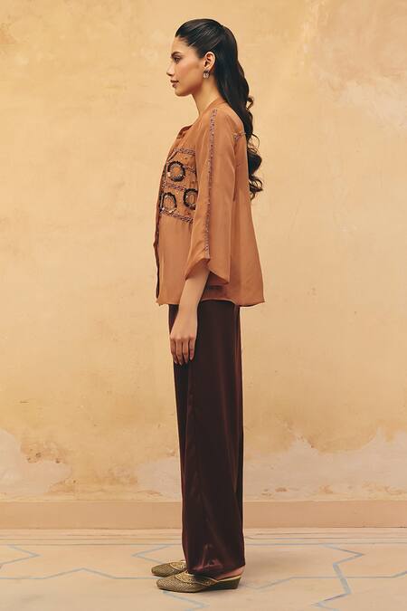 Maenaam_Brown Satin, Organza Sequins, Beads, Embroidery Mandarin Nova Hand Top Pant Set _Online_at_Aza_Fashions