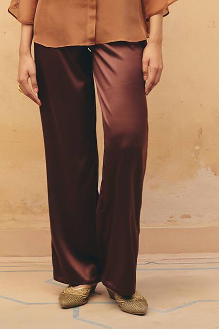 Buy_Maenaam_Brown Satin, Organza Sequins, Beads, Embroidery Mandarin Nova Hand Top Pant Set _Online_at_Aza_Fashions