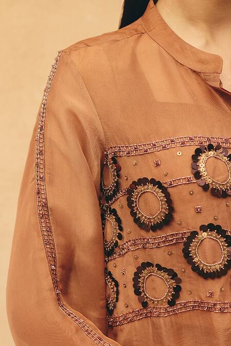 Shop_Maenaam_Brown Satin, Organza Sequins, Beads, Embroidery Mandarin Nova Hand Top Pant Set _Online_at_Aza_Fashions