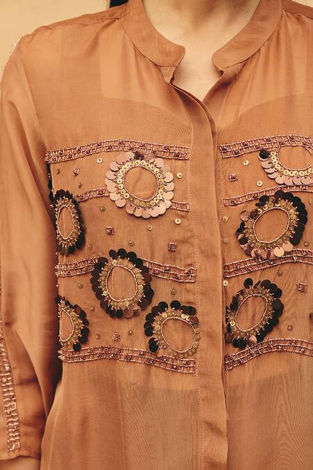 Maenaam_Brown Satin, Organza Sequins, Beads, Embroidery Mandarin Nova Hand Top Pant Set _at_Aza_Fashions