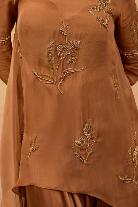 Shop Maenaam Brown Organza Embroidery, Metallic Inara Asymmetric Top And Draped Pant Set Online at Aza Fashions Shop_Maenaam_Brown Organza Embroidery, Metallic Inara Asymmetric Top And Draped Pant Set _Online_at_Aza_Fashions