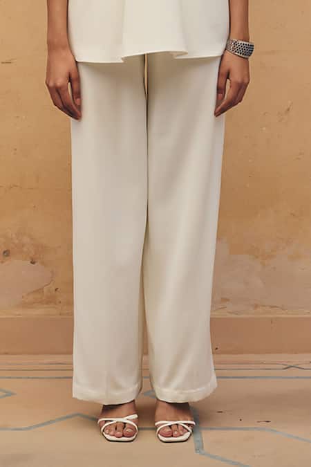 Maenaam_Ivory Polyester, Satin Embroidery, Sequins Leina Geometric Top And Pant Set _Online_at_Aza_Fashions