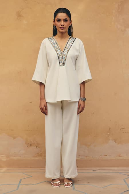 Buy_Maenaam_Ivory Polyester, Satin Embroidery, Sequins Leina Geometric Top And Pant Set _Online_at_Aza_Fashions