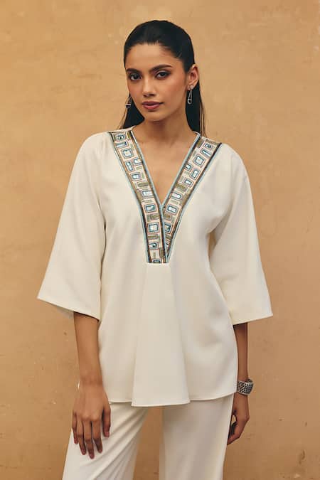 Shop_Maenaam_Ivory Polyester, Satin Embroidery, Sequins Leina Geometric Top And Pant Set _Online_at_Aza_Fashions