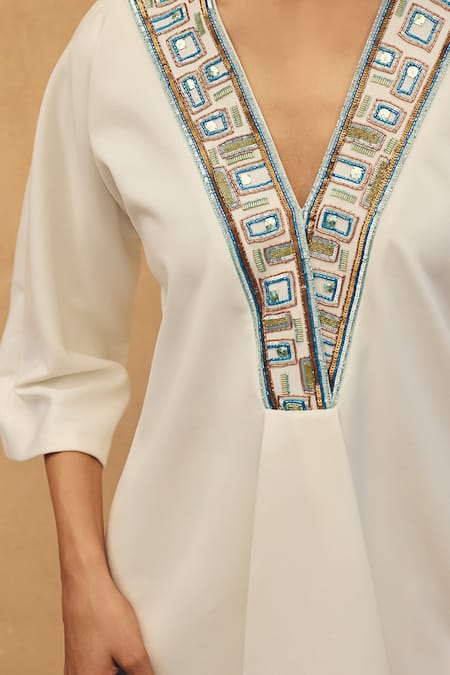 Maenaam_Ivory Polyester, Satin Embroidery, Sequins Leina Geometric Top And Pant Set _at_Aza_Fashions