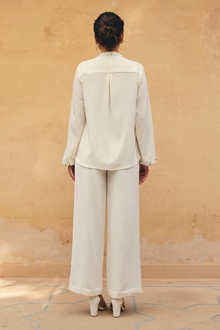 Shop Maenaam Ivory Polyester, Satin Sequins, Embroidery Ananya Hand Shirt And Pant Set at Aza Fashions Shop_Maenaam_Ivory Polyester, Satin Sequins, Embroidery Ananya Hand Shirt And Pant Set _at_Aza_Fashions