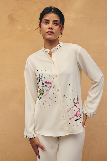 Buy Maenaam Ivory Polyester, Satin Sequins, Embroidery Ananya Hand Shirt And Pant Set Online at Aza Fashions Buy_Maenaam_Ivory Polyester, Satin Sequins, Embroidery Ananya Hand Shirt And Pant Set _Online_at_Aza_Fashions