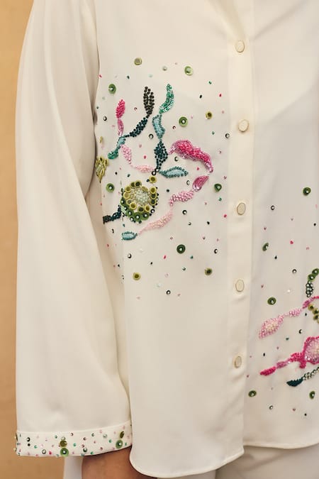 Shop Maenaam Ivory Polyester, Satin Sequins, Embroidery Ananya Hand Shirt And Pant Set Online at Aza Fashions Shop_Maenaam_Ivory Polyester, Satin Sequins, Embroidery Ananya Hand Shirt And Pant Set _Online_at_Aza_Fashions