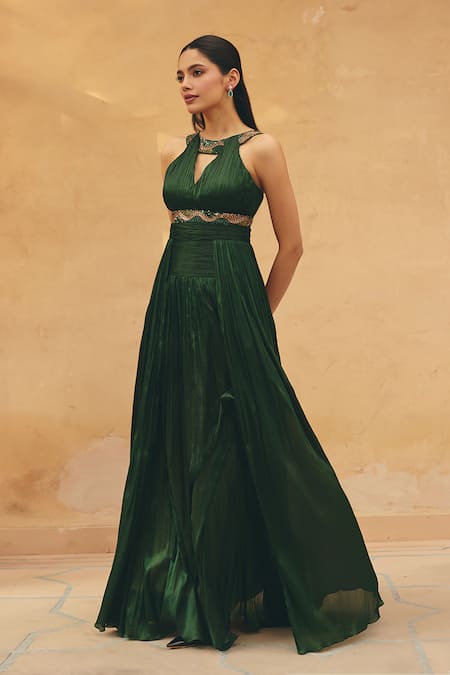 Maenaam Green Crepe Embroidery, Sequins Halter Neck, V-neck, Keyhole Lynn Hand Gown Online at Aza Fashions Maenaam_Green Crepe Embroidery, Sequins Halter Neck, V-neck, Keyhole Lynn Hand Gown _Online_at_Aza_Fashions