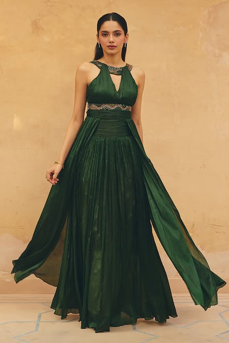 Buy Maenaam Green Crepe Embroidery, Sequins Halter Neck, V-neck, Keyhole Lynn Hand Gown Online at Aza Fashions Buy_Maenaam_Green Crepe Embroidery, Sequins Halter Neck, V-neck, Keyhole Lynn Hand Gown _Online_at_Aza_Fashions