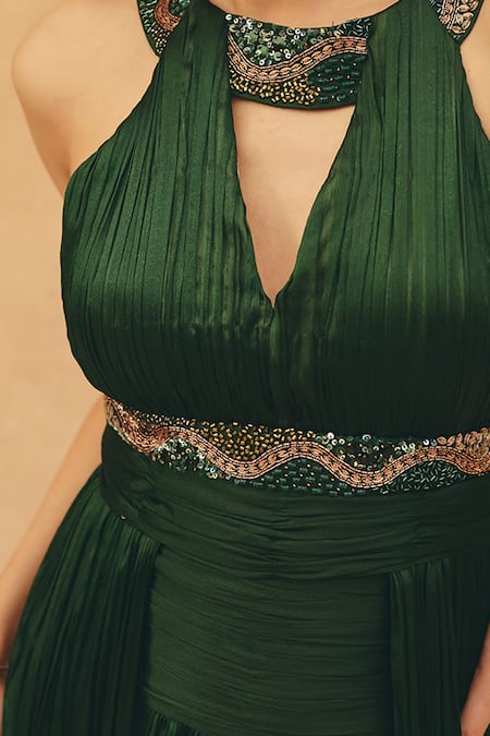 Shop Maenaam Green Crepe Embroidery, Sequins Halter Neck, V-neck, Keyhole Lynn Hand Gown Online at Aza Fashions Shop_Maenaam_Green Crepe Embroidery, Sequins Halter Neck, V-neck, Keyhole Lynn Hand Gown _Online_at_Aza_Fashions