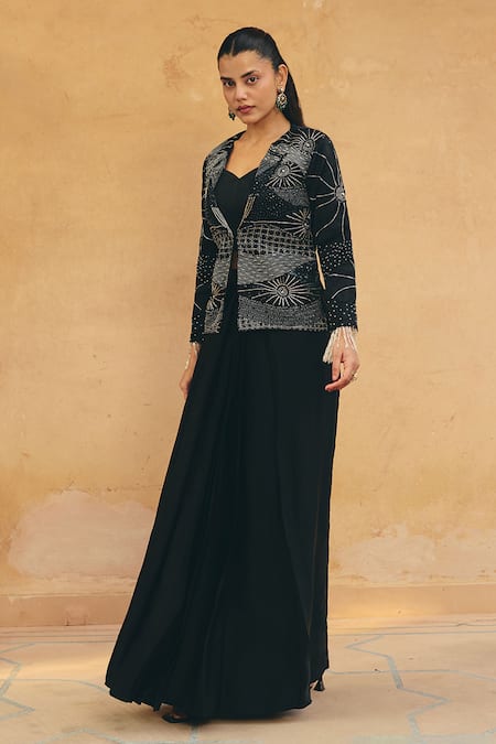 Maenaam Black Polyester, Satin, Silk Beads, Sequins, Ira Hand Jacket Skirt Set Online at Aza Fashions Maenaam_Black Polyester, Satin, Silk Beads, Sequins, Ira Hand Jacket Skirt Set _Online_at_Aza_Fashions