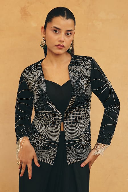 Buy Maenaam Black Polyester, Satin, Silk Beads, Sequins, Ira Hand Jacket Skirt Set Online at Aza Fashions Buy_Maenaam_Black Polyester, Satin, Silk Beads, Sequins, Ira Hand Jacket Skirt Set _Online_at_Aza_Fashions