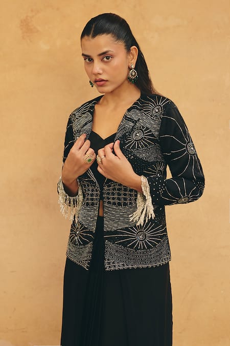 Shop Maenaam Black Polyester, Satin, Silk Beads, Sequins, Ira Hand Jacket Skirt Set Online at Aza Fashions Shop_Maenaam_Black Polyester, Satin, Silk Beads, Sequins, Ira Hand Jacket Skirt Set _Online_at_Aza_Fashions