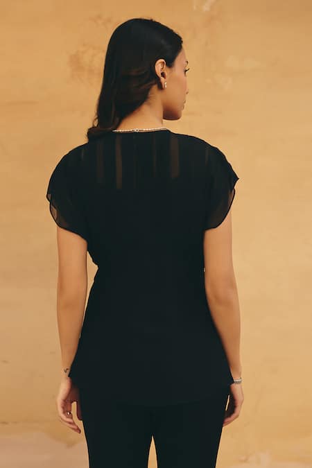 Shop Maenaam Black Polyester, Satin, Silk Embroidery Marisa Wavy Top And Flared Pant Set at Aza Fashions Shop_Maenaam_Black Polyester, Satin, Silk Embroidery Marisa Wavy Top And Flared Pant Set _at_Aza_Fashions