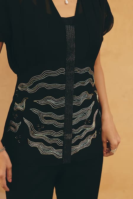 Buy Maenaam Black Polyester, Satin, Silk Embroidery Marisa Wavy Top And Flared Pant Set Online at Aza Fashions Buy_Maenaam_Black Polyester, Satin, Silk Embroidery Marisa Wavy Top And Flared Pant Set _Online_at_Aza_Fashions