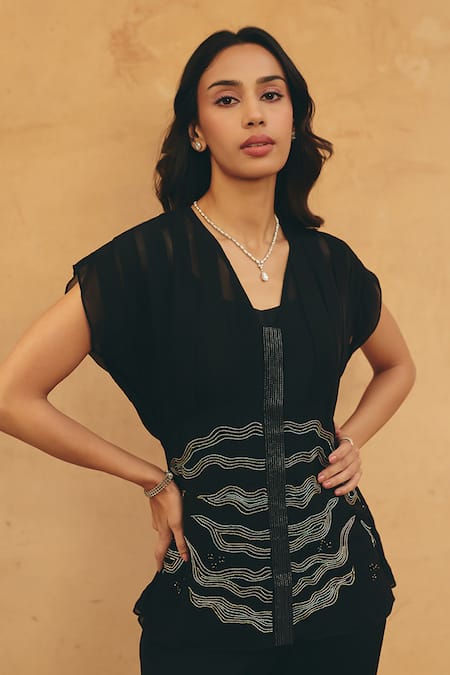 Shop Maenaam Black Polyester, Satin, Silk Embroidery Marisa Wavy Top And Flared Pant Set Online at Aza Fashions Shop_Maenaam_Black Polyester, Satin, Silk Embroidery Marisa Wavy Top And Flared Pant Set _Online_at_Aza_Fashions