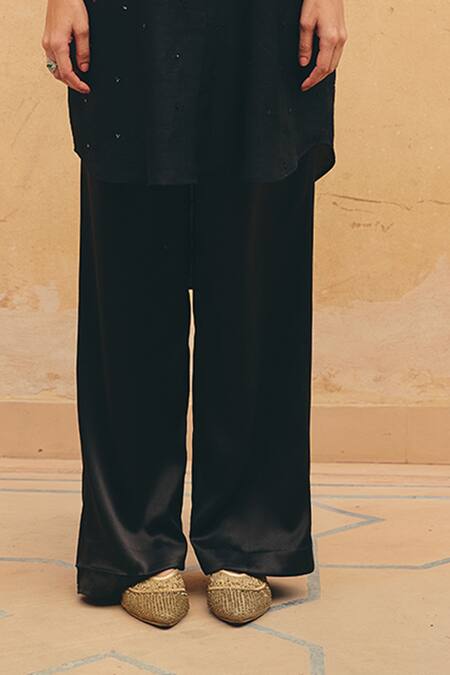 Maenaam Black Silk Sequins, Embroidery Collared, Button-down Zoe Hand Shirt And Pant Set Online at Aza Fashions Maenaam_Black Silk Sequins, Embroidery Collared, Button-down Zoe Hand Shirt And Pant Set _Online_at_Aza_Fashions